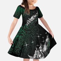 Maori Matariki Family Matching Off The Shoulder Long Sleeve Dress and Hawaiian Shirt Landscape Styled Fern - Paua Shell