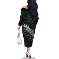 Maori Matariki Family Matching Off The Shoulder Long Sleeve Dress and Hawaiian Shirt Landscape Styled Fern - Paua Shell