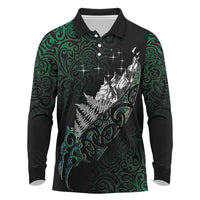 Maori Matariki Long Sleeve Polo Shirt Landscape Styled Fern - Paua Shell
