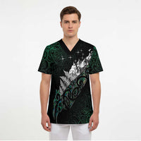 Maori Matariki Scrub Top Landscape Styled Fern - Paua Shell LT7 - Polynesian Pride