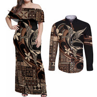 Samoa Manuia le Aso Tuto'atasi Couples Matching Off Shoulder Maxi Dress and Long Sleeve Button Shirt Siapo Mamanu Mix Tatau Marlin