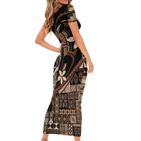 Samoa Manuia le Aso Tuto'atasi Short Sleeve Bodycon Dress Siapo Mamanu Mix Tatau Marlin