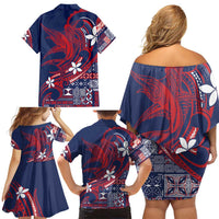 Samoa Manuia le Aso Tuto'atasi Family Matching Off Shoulder Short Dress and Hawaiian Shirt Siapo Mamanu Mix Tatau Marlin - Flag Color