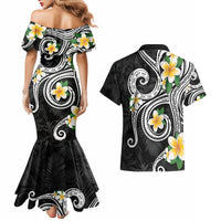 Kanaka Maoli Hawaii Plumeria Couples Matching Mermaid Dress and Hawaiian Shirt Dancing Tentacles Black Style
