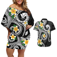 Kanaka Maoli Hawaii Plumeria Couples Matching Off Shoulder Short Dress and Hawaiian Shirt Dancing Tentacles Black Style LT7 Black - Polynesian Pride