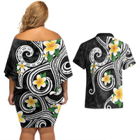 Kanaka Maoli Hawaii Plumeria Couples Matching Off Shoulder Short Dress and Hawaiian Shirt Dancing Tentacles Black Style LT7 - Polynesian Pride