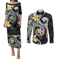 Kanaka Maoli Hawaii Plumeria Couples Matching Puletasi and Long Sleeve Button Shirt Dancing Tentacles Black Style LT7 Black - Polynesian Pride