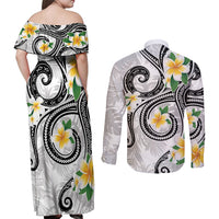 Kanaka Maoli Hawaii Plumeria Couples Matching Off Shoulder Maxi Dress and Long Sleeve Button Shirt Dancing Tentacles White Style