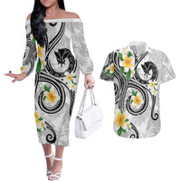 Kanaka Maoli Hawaii Plumeria Couples Matching Off The Shoulder Long Sleeve Dress and Hawaiian Shirt Dancing Tentacles White Style