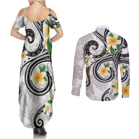 Kanaka Maoli Hawaii Plumeria Couples Matching Summer Maxi Dress and Long Sleeve Button Shirt Dancing Tentacles White Style LT7 - Polynesian Pride