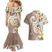 Kanaka Maoli Hawaii Plumeria Couples Matching Mermaid Dress and Hawaiian Shirt Dancing Tentacles Beige Style LT7 - Polynesian Pride