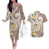 Kanaka Maoli Hawaii Plumeria Couples Matching Off The Shoulder Long Sleeve Dress and Hawaiian Shirt Dancing Tentacles Beige Style