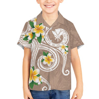 Kanaka Maoli Hawaii Plumeria Family Matching Off Shoulder Short Dress and Hawaiian Shirt Dancing Tentacles Beige Style