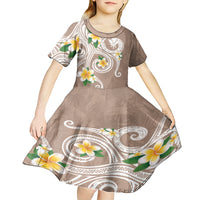 Kanaka Maoli Hawaii Plumeria Kid Short Sleeve Dress Dancing Tentacles Beige Style