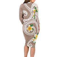 Kanaka Maoli Hawaii Plumeria Long Sleeve Bodycon Dress Dancing Tentacles Beige Style