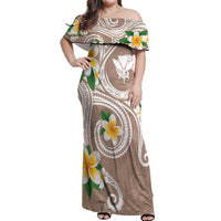 Kanaka Maoli Hawaii Plumeria Off Shoulder Maxi Dress Dancing Tentacles Beige Style