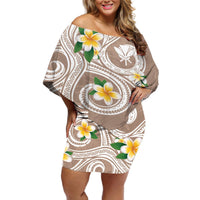 Kanaka Maoli Hawaii Plumeria Off Shoulder Short Dress Dancing Tentacles Beige Style LT7 Women Beige - Polynesian Pride