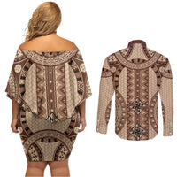 Bula Fiji Vintage Couples Matching Off Shoulder Short Dress and Long Sleeve Button Shirt Brown Masi Motifs