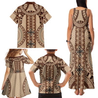 Bula Fiji Vintage Family Matching Tank Maxi Dress and Hawaiian Shirt Brown Masi Motifs