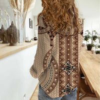 Bula Fiji Vintage Women Casual Shirt Brown Masi Motifs