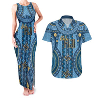 Bula Fiji Vintage Couples Matching Tank Maxi Dress and Hawaiian Shirt Prussian Blue Masi Motifs