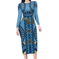 Bula Fiji Vintage Family Matching Long Sleeve Bodycon Dress and Hawaiian Shirt Prussian Blue Masi Motifs