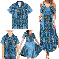 Bula Fiji Vintage Family Matching Summer Maxi Dress and Hawaiian Shirt Prussian Blue Masi Motifs