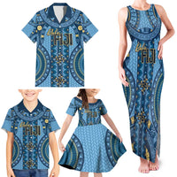 Bula Fiji Vintage Family Matching Tank Maxi Dress and Hawaiian Shirt Prussian Blue Masi Motifs