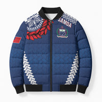 Manu Samoa Rugby Custom Navy Blue Bomber Puffer Jacket ʻIe Toga Pattern With Red Ula fala LT7 Unisex Navy Blue - Polynesian Pride