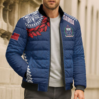Manu Samoa Rugby Custom Navy Blue Bomber Puffer Jacket ʻIe Toga Pattern With Red Ula fala LT7 - Polynesian Pride