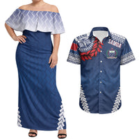 Manu Samoa Rugby Custom Navy Blue Couples Matching Off Shoulder Maxi Dress and Hawaiian Shirt ʻIe Toga Pattern With Red Ula fala LT7 Navy Blue - Polynesian Pride