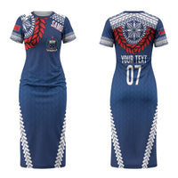 Manu Samoa Rugby Custom Navy Blue Couples Matching Short Sleeve Bodycon Dress and Long Sleeve Button Shirt ʻIe Toga Pattern With Red Ula fala LT7 - Polynesian Pride