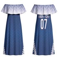 Manu Samoa Rugby Custom Navy Blue Family Matching Off Shoulder Maxi Dress and Hawaiian Shirt ʻIe Toga Pattern With Red Ula fala LT7 Mom's Dress Navy Blue - Polynesian Pride