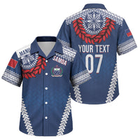 Manu Samoa Rugby Custom Navy Blue Family Matching Off Shoulder Short Dress and Hawaiian Shirt ʻIe Toga Pattern With Red Ula fala LT7 Son's Shirt Navy Blue - Polynesian Pride