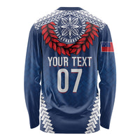 Manu Samoa Rugby Custom Navy Blue Long Sleeve Shirt ʻIe Toga Pattern With Red Ula fala LT7 - Polynesian Pride