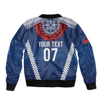 Manu Samoa Rugby Custom Navy Blue Sleeve Zip Bomber Jacket ʻIe Toga Pattern With Red Ula fala LT7 - Polynesian Pride