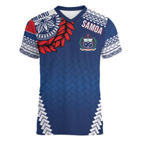 Manu Samoa Rugby Custom Navy Blue Women V-Neck T-Shirt ʻIe Toga Pattern With Red Ula fala LT7 Female Navy Blue - Polynesian Pride