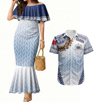 Manu Samoa Rugby Custom White Couples Matching Mermaid Dress and Hawaiian Shirt ʻIe Toga Pattern With Brown Ula fala LT7 White - Polynesian Pride