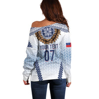 Manu Samoa Rugby Custom White Off Shoulder Sweater ʻIe Toga Pattern With Brown Ula fala LT7 - Polynesian Pride