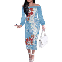 Bula Fiji Day Family Matching Off The Shoulder Long Sleeve Dress and Hawaiian Shirt Tagimaucia on Masi Pattern - Turquoise