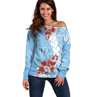 Bula Fiji Day Off Shoulder Sweater Tagimaucia on Masi Pattern - Turquoise