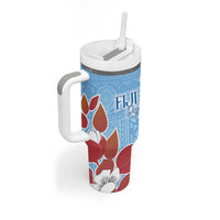 Bula Fiji Day Tumbler With Handle Tagimaucia on Masi Pattern - Turquoise LT7 - Polynesian Pride
