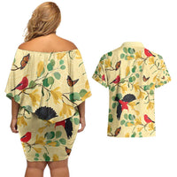 Aloha Hawaii Couples Matching Off Shoulder Short Dress and Hawaiian Shirt I'iwi on Mamane Pastel Cream