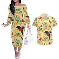 Aloha Hawaii Couples Matching Off The Shoulder Long Sleeve Dress and Hawaiian Shirt I'iwi on Mamane Pastel Cream