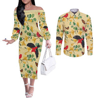 Aloha Hawaii Couples Matching Off The Shoulder Long Sleeve Dress and Long Sleeve Button Shirt I'iwi on Mamane Pastel Cream