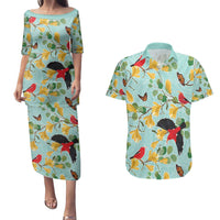 Aloha Hawaii Couples Matching Puletasi and Hawaiian Shirt I'iwi on Mamane Pastel Turquoise