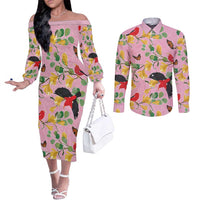 Aloha Hawaii Couples Matching Off The Shoulder Long Sleeve Dress and Long Sleeve Button Shirt I'iwi on Mamane Pastel Pink LT7 Pink - Polynesian Pride