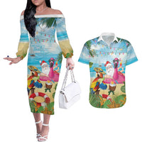 Have Yourself A Beachy Little Christmas Couples Matching Off The Shoulder Long Sleeve Dress and Hawaiian Shirt with Santa Chilling - Polynesian Pride