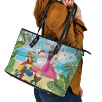 Have Yourself A Beachy Little Christmas Leather Tote Bag with Santa Chilling LT7 - Polynesian Pride