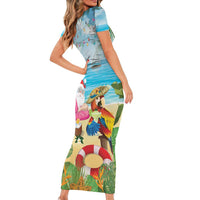Have Yourself A Beachy Little Christmas Short Sleeve Bodycon Dress with Santa Chilling LT7 - Polynesian Pride